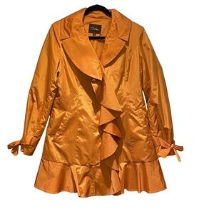 NWOT COLE HAAN Tangerine Orange Ruffle Flirty Trench Rain Coat Retro Designer M